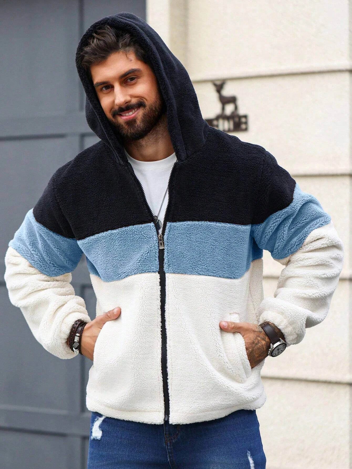 Warm & Stylish Men's Colorblock Sherpa Jacket