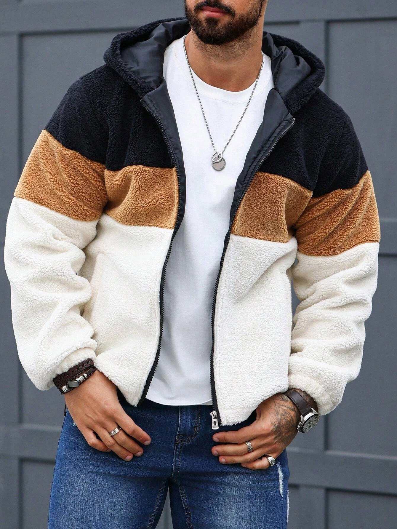 Warm & Stylish Men's Colorblock Sherpa Jacket
