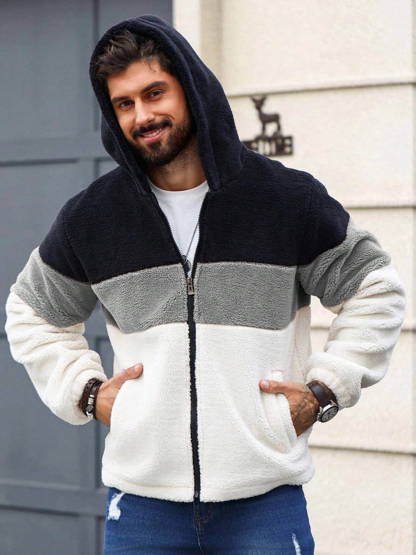Warm & Stylish Men's Colorblock Sherpa Jacket