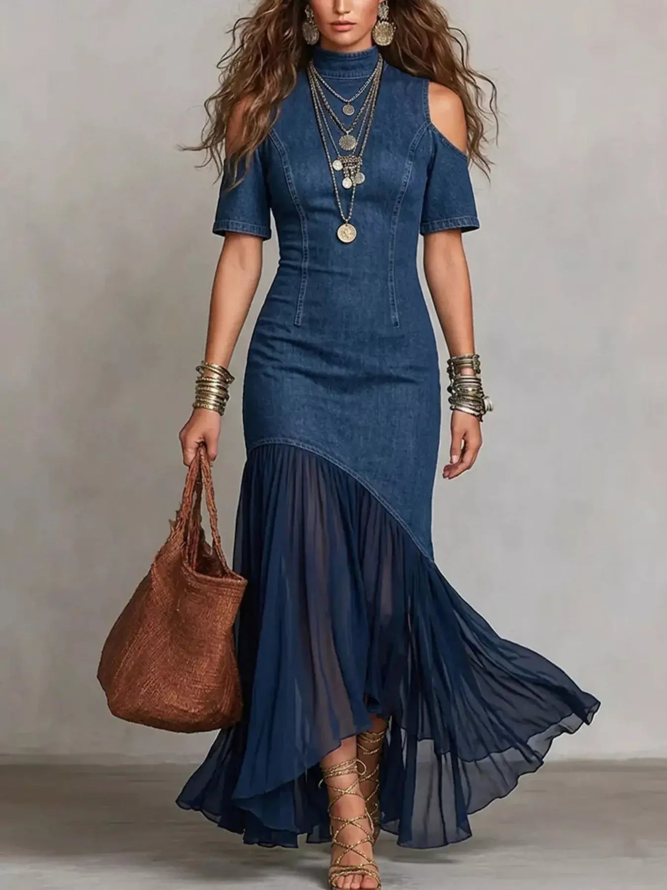 Womens Cold Shoulder Ruffle Hem Maxi Dress