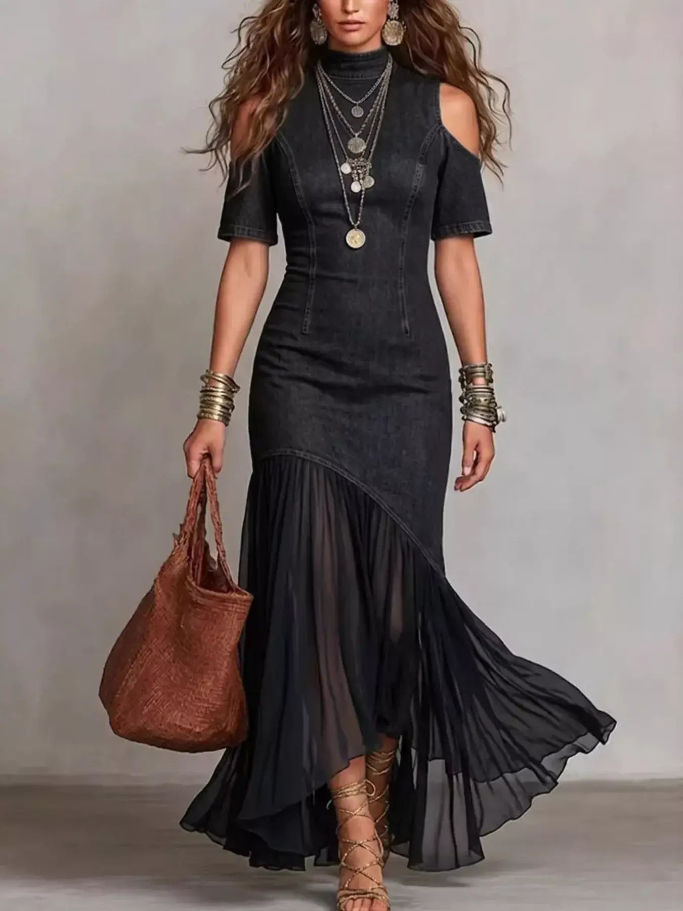 Womens Cold Shoulder Ruffle Hem Maxi Dress