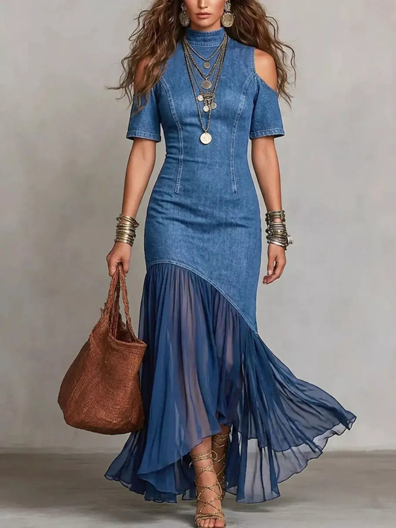 Womens Cold Shoulder Ruffle Hem Maxi Dress