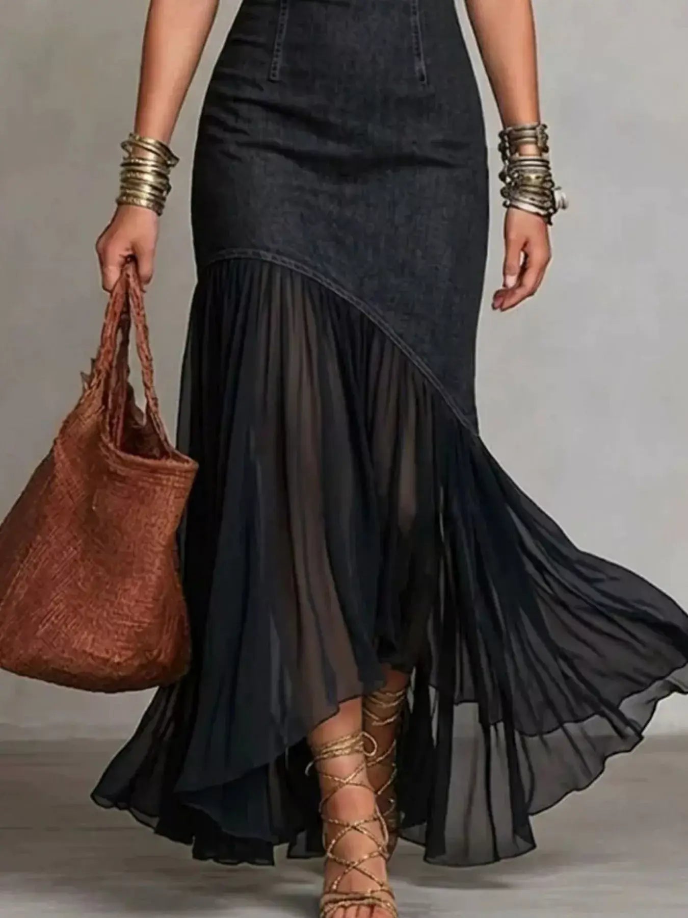 Womens Cold Shoulder Ruffle Hem Maxi Dress