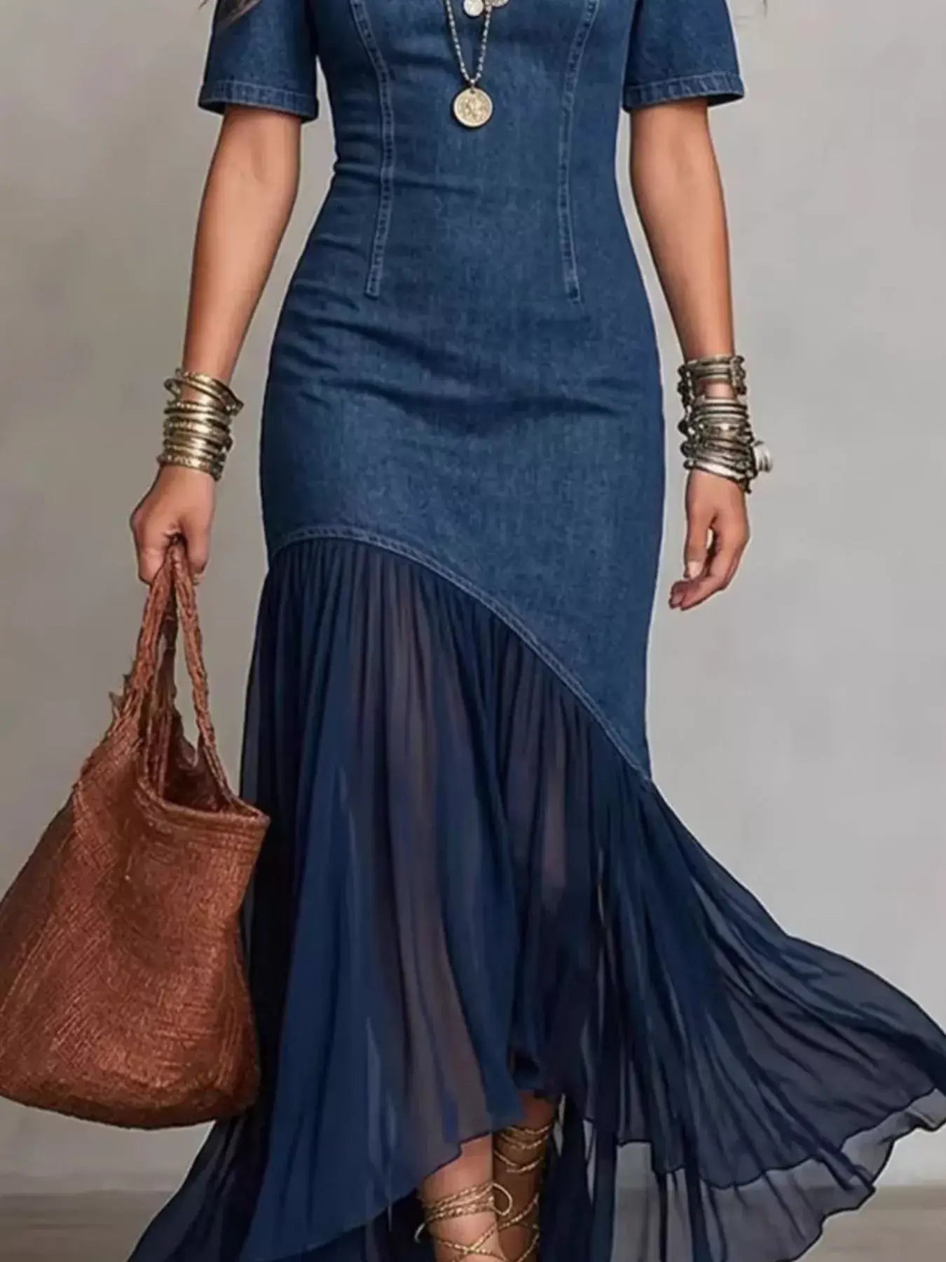Womens Cold Shoulder Ruffle Hem Maxi Dress