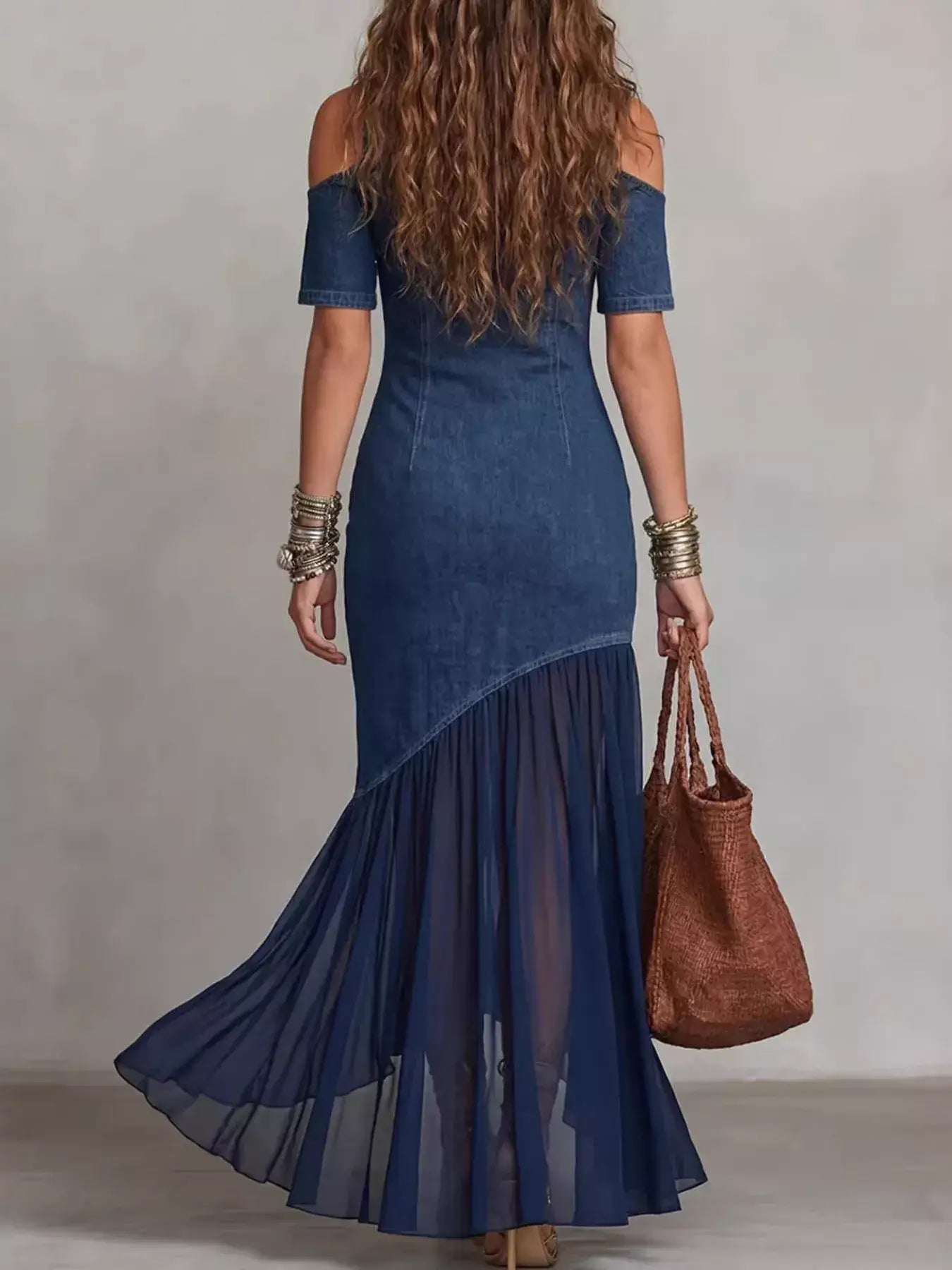 Womens Cold Shoulder Ruffle Hem Maxi Dress