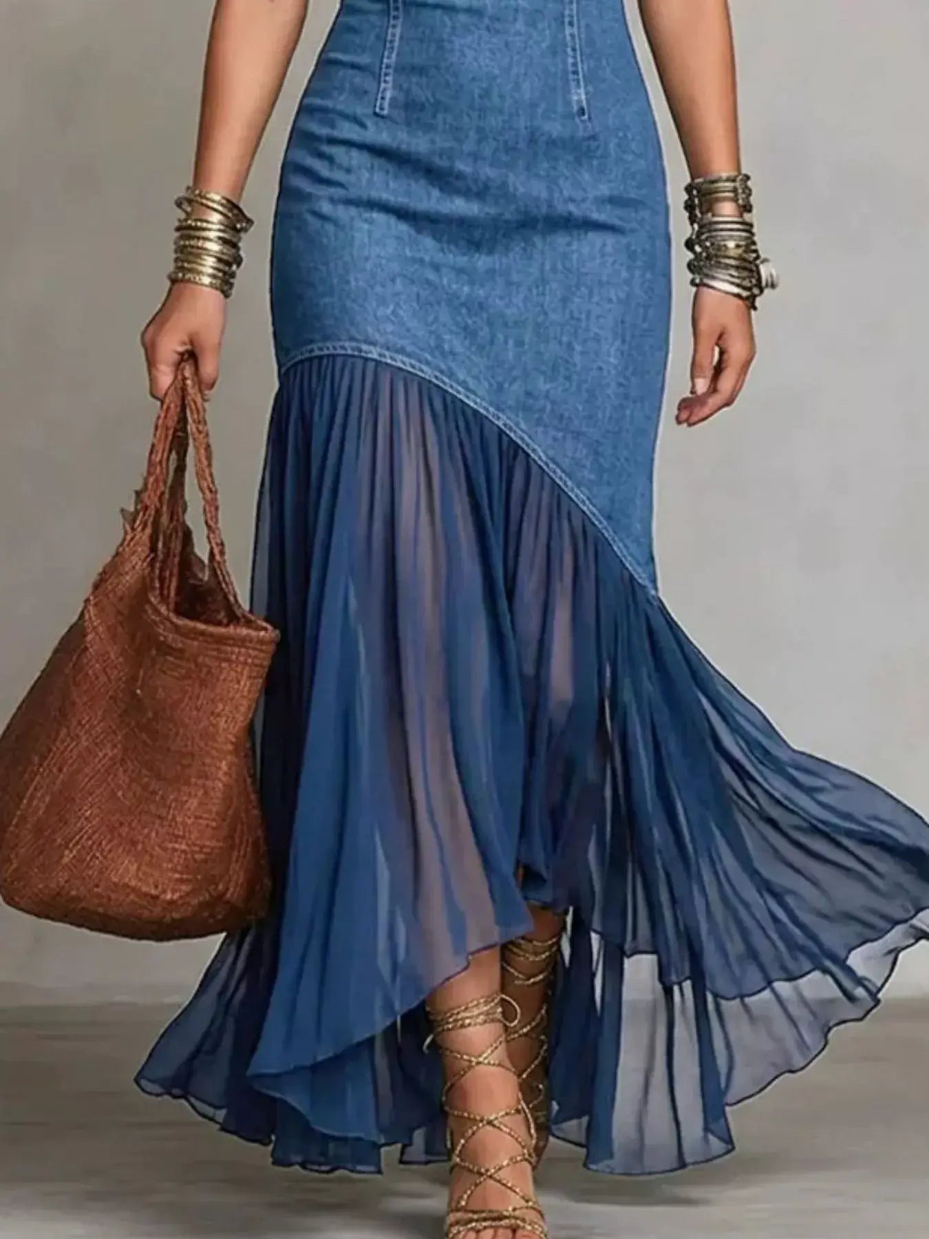Womens Cold Shoulder Ruffle Hem Maxi Dress