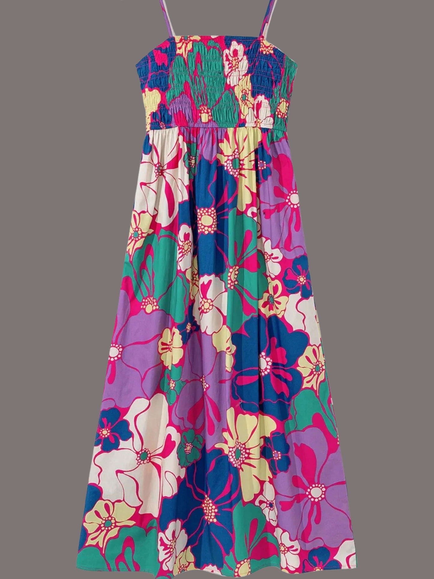 Womens Floral Boho Shirred Maxi Dress Spaghetti Strap