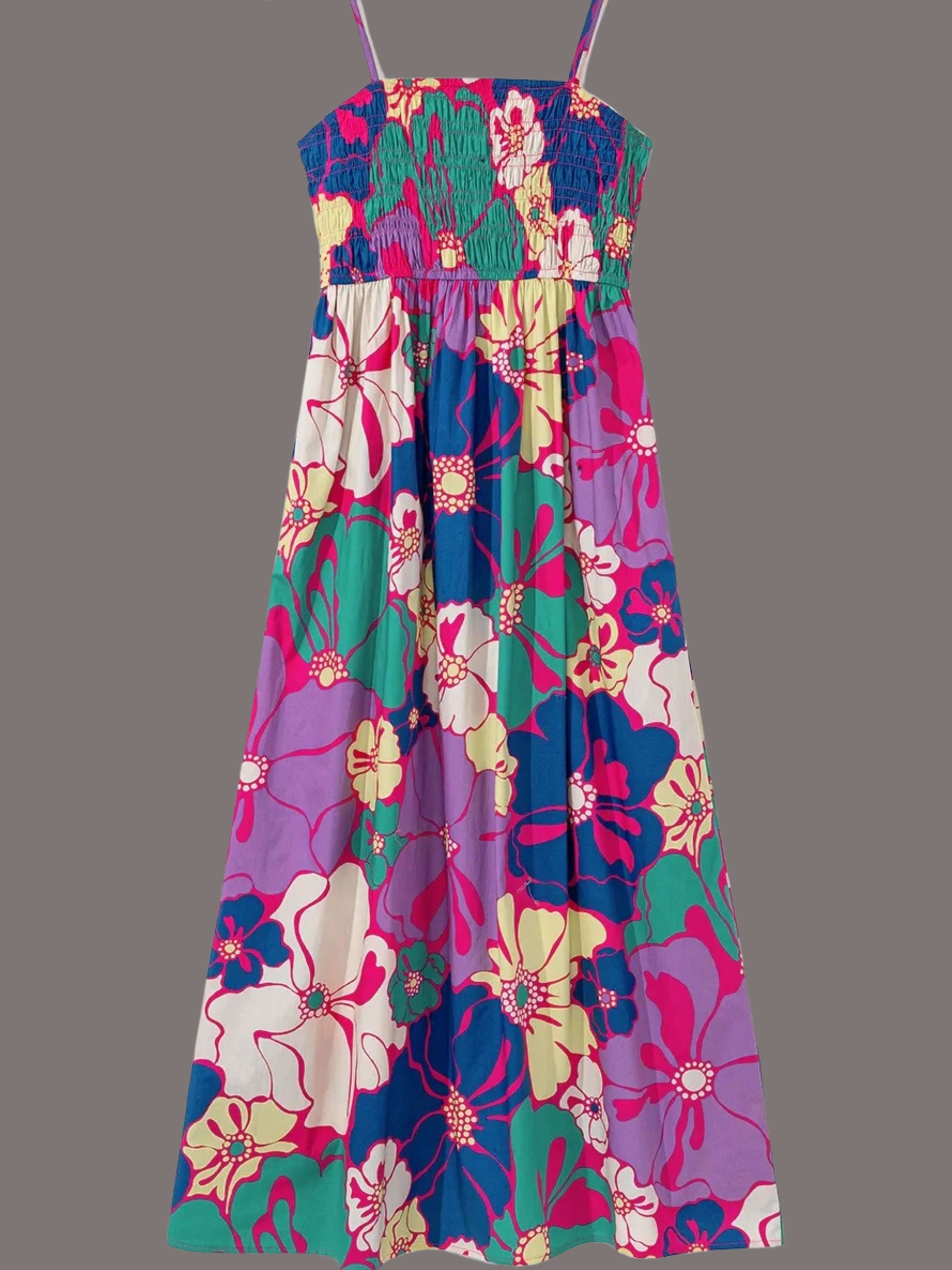 Womens Floral Boho Shirred Maxi Dress Spaghetti Strap