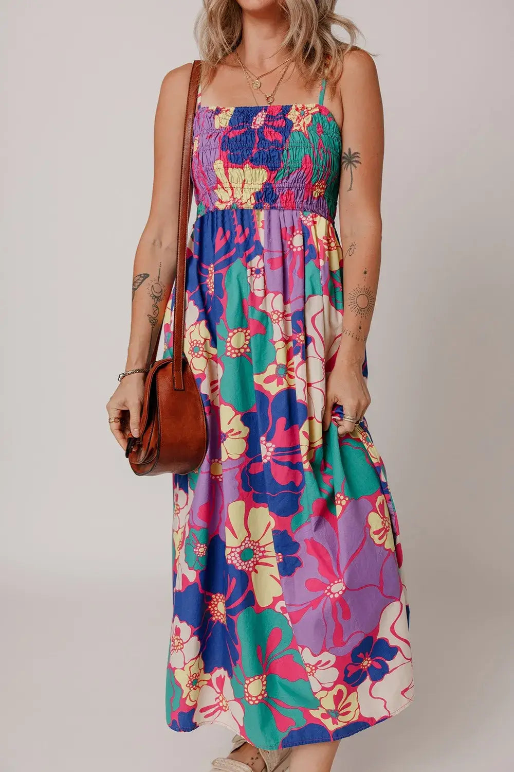Womens Floral Boho Shirred Maxi Dress Spaghetti Strap