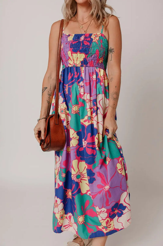 Womens Floral Boho Shirred Maxi Dress Spaghetti Strap