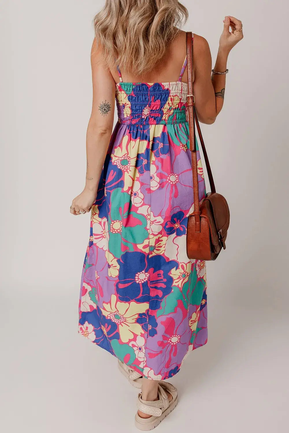 Womens Floral Boho Shirred Maxi Dress Spaghetti Strap