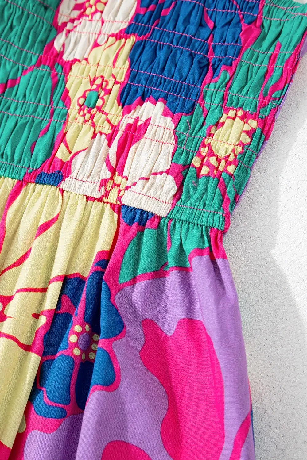Womens Floral Boho Shirred Maxi Dress Spaghetti Strap