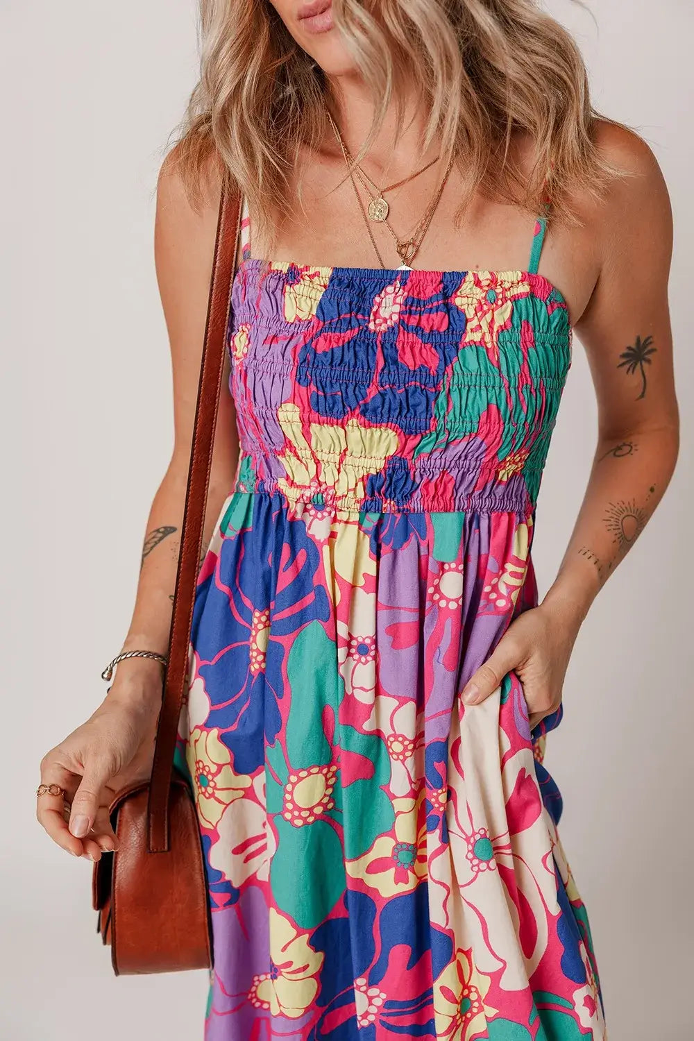 Womens Floral Boho Shirred Maxi Dress Spaghetti Strap
