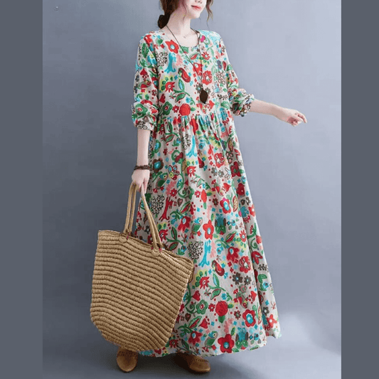 Womens Floral Classic Cotton Long Sleeve Midi Dress