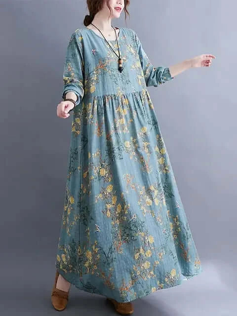 Womens Floral Classic Cotton Long Sleeve Midi Dress