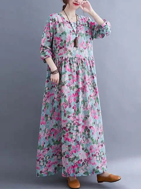 Womens Floral Classic Cotton Long Sleeve Midi Dress