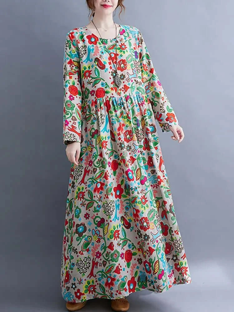 Womens Floral Classic Cotton Long Sleeve Midi Dress