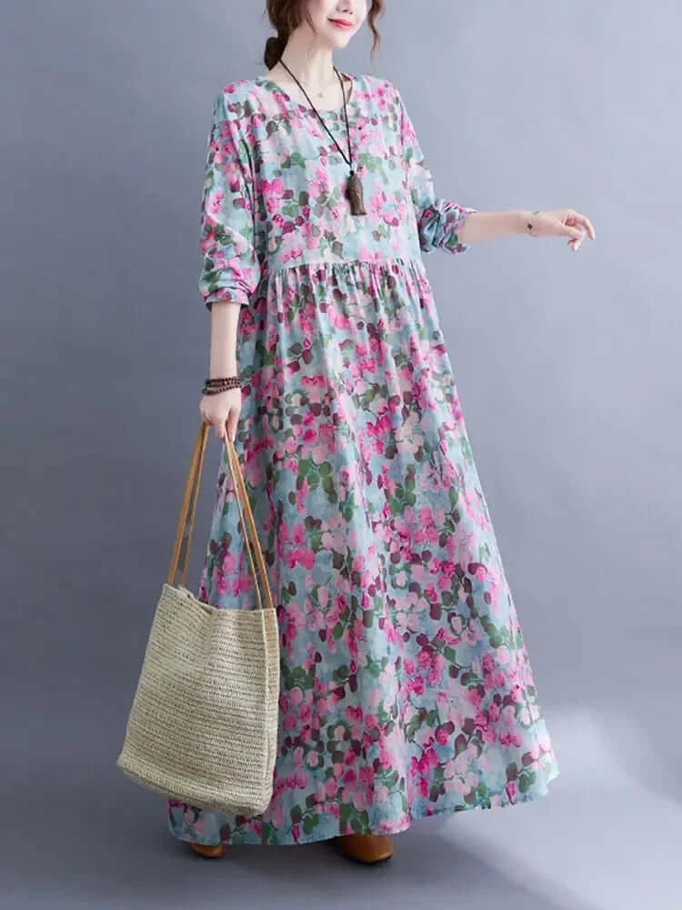 Womens Floral Classic Cotton Long Sleeve Midi Dress