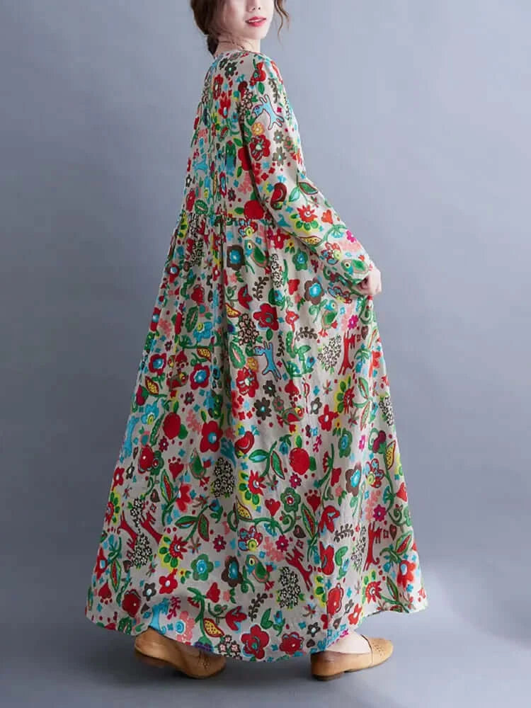 Womens Floral Classic Cotton Long Sleeve Midi Dress