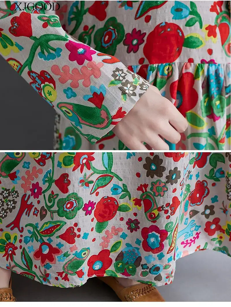 Womens Floral Classic Cotton Long Sleeve Midi Dress
