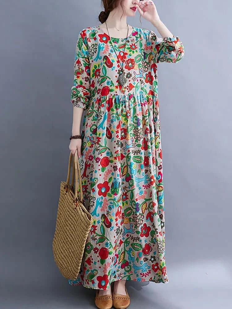 Womens Floral Classic Cotton Long Sleeve Midi Dress