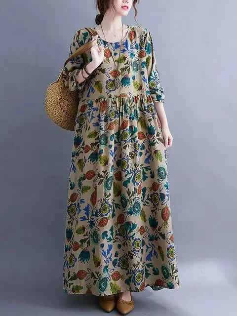 Womens Floral Classic Cotton Long Sleeve Midi Dress