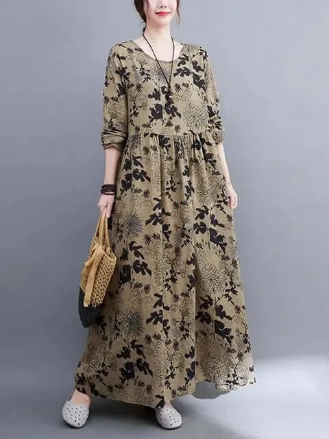 Womens Floral Classic Cotton Long Sleeve Midi Dress