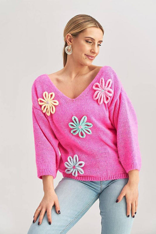Women's Floral Knit Jumper with 3D Applique - One Size 
