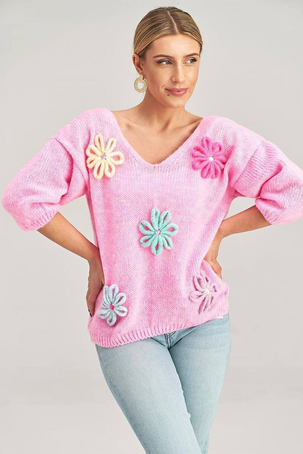 Women's Floral Knit Jumper with 3D Applique - One Size 