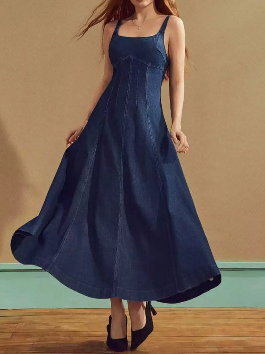 Women's Square Neck A-Line Denim Midi Dress