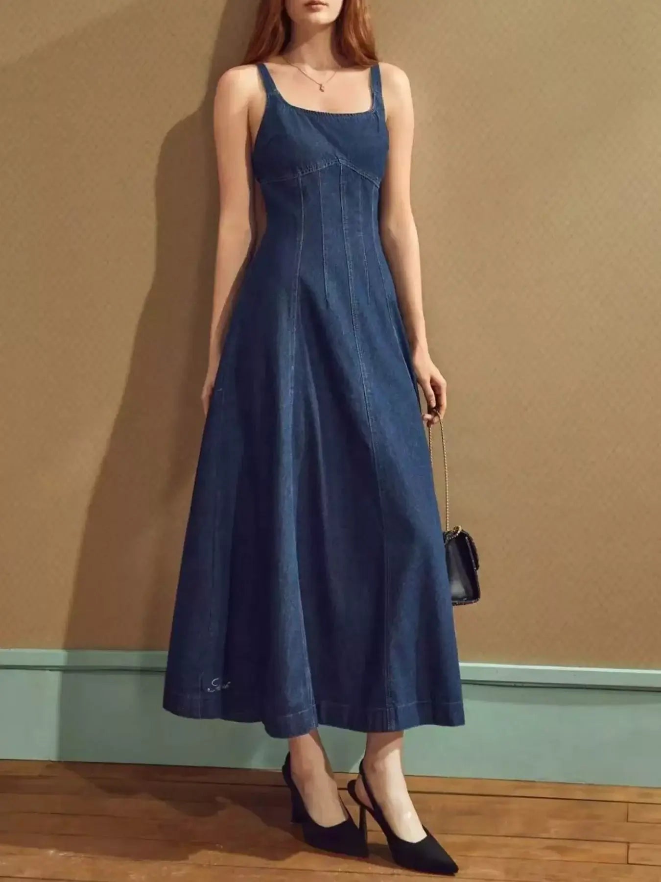 Women's Square Neck A-Line Denim Midi Dress