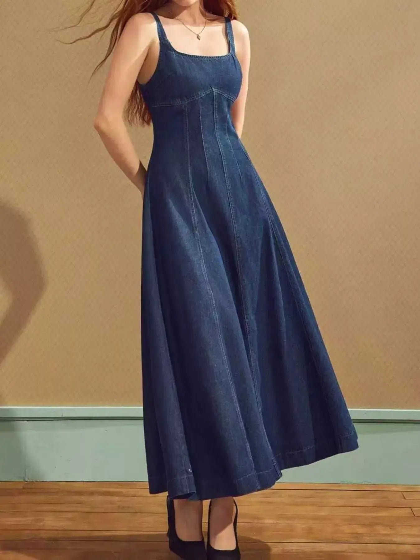 Women's Square Neck A-Line Denim Midi Dress