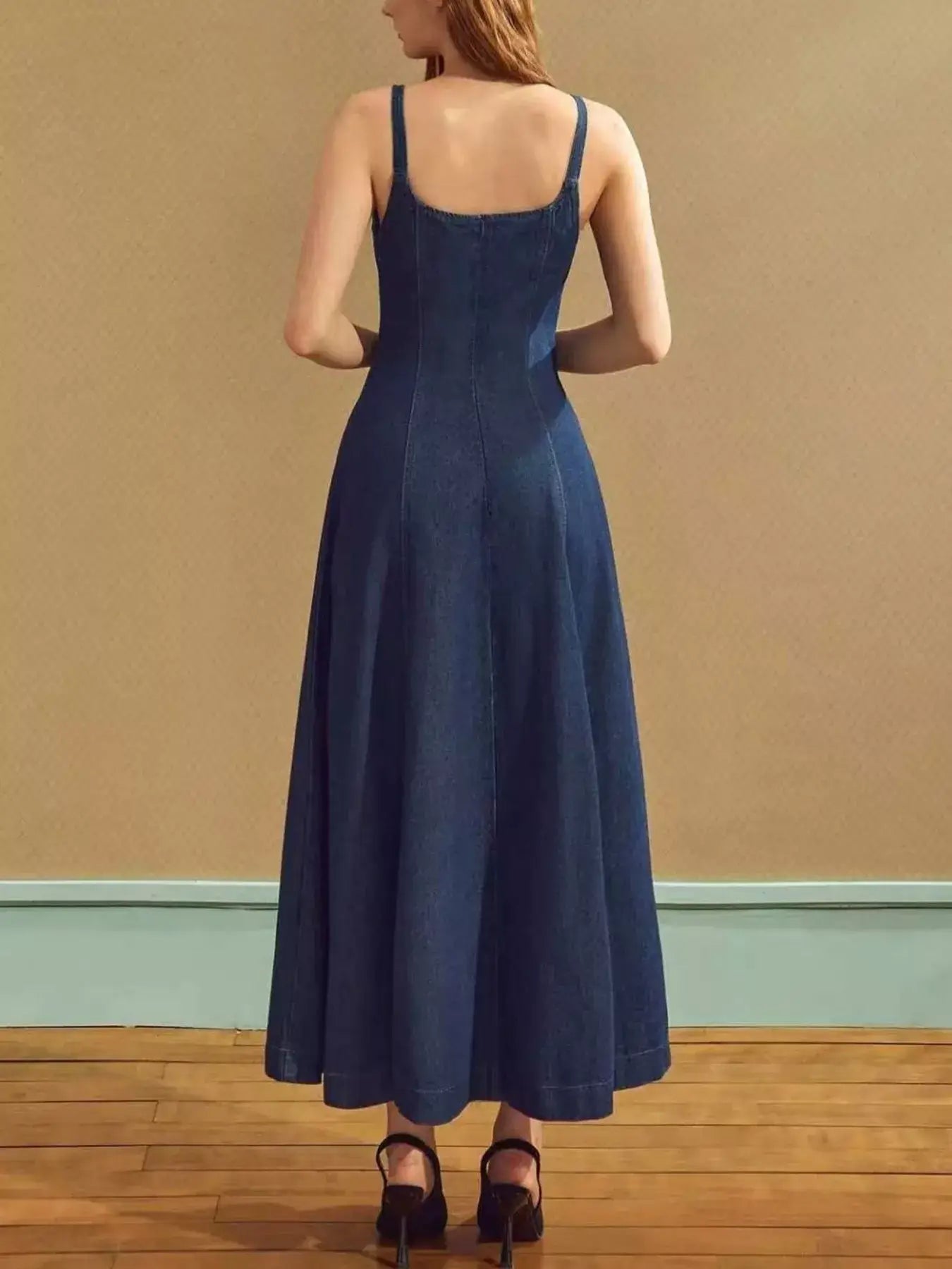 Women's Square Neck A-Line Denim Midi Dress