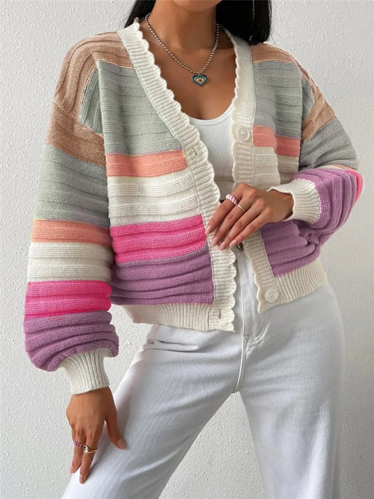 Women's Striped Cropped Cardigan with Balloon Sleeves