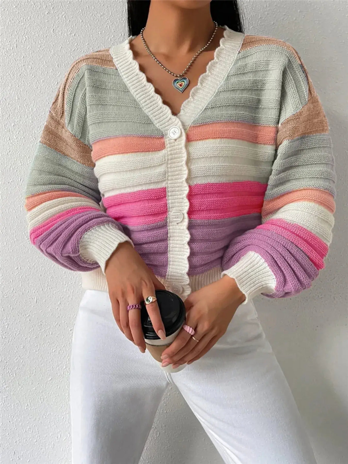 Women's Striped Cropped Cardigan with Balloon Sleeves
