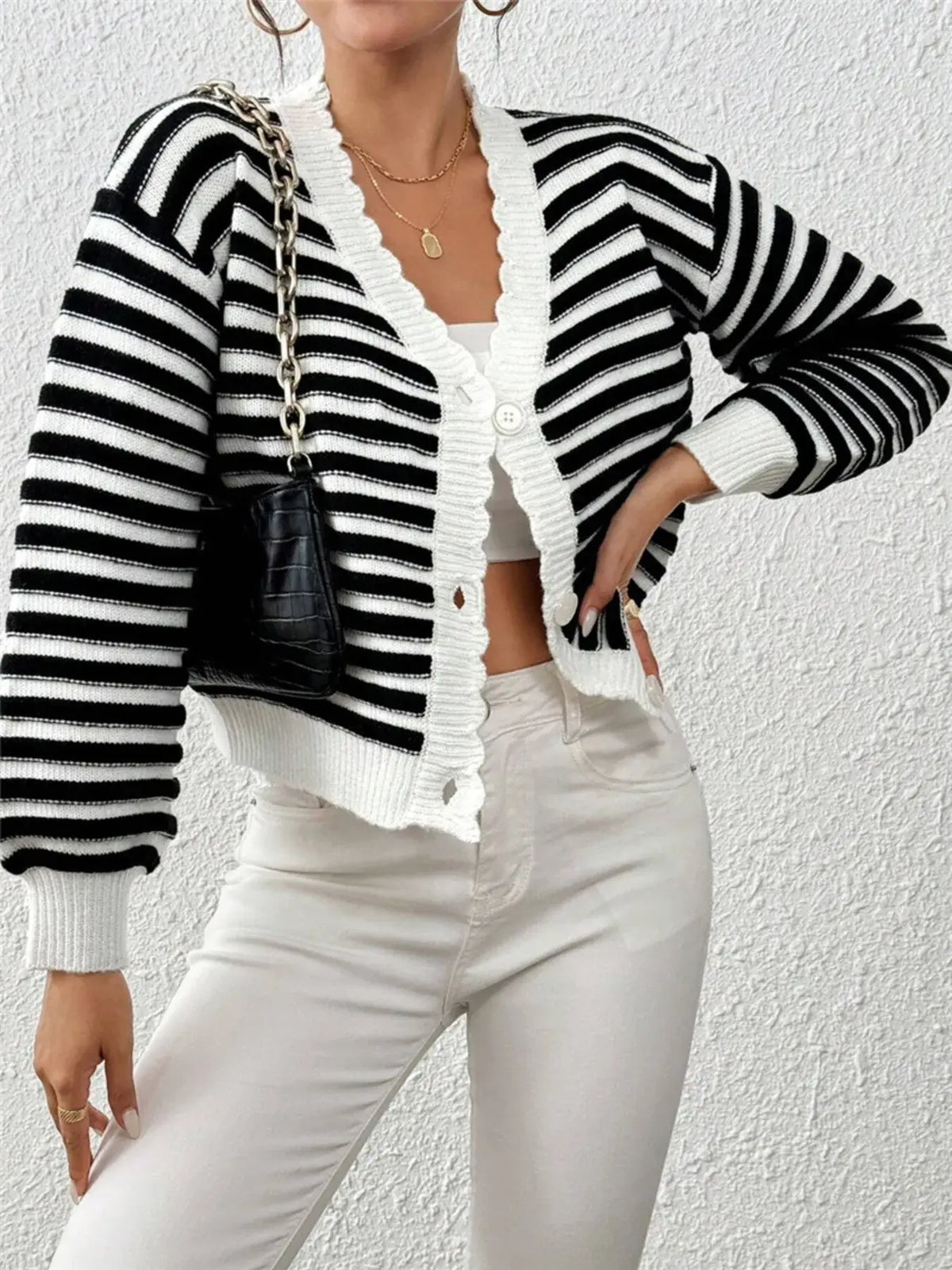 Women's Striped Cropped Cardigan with Balloon Sleeves