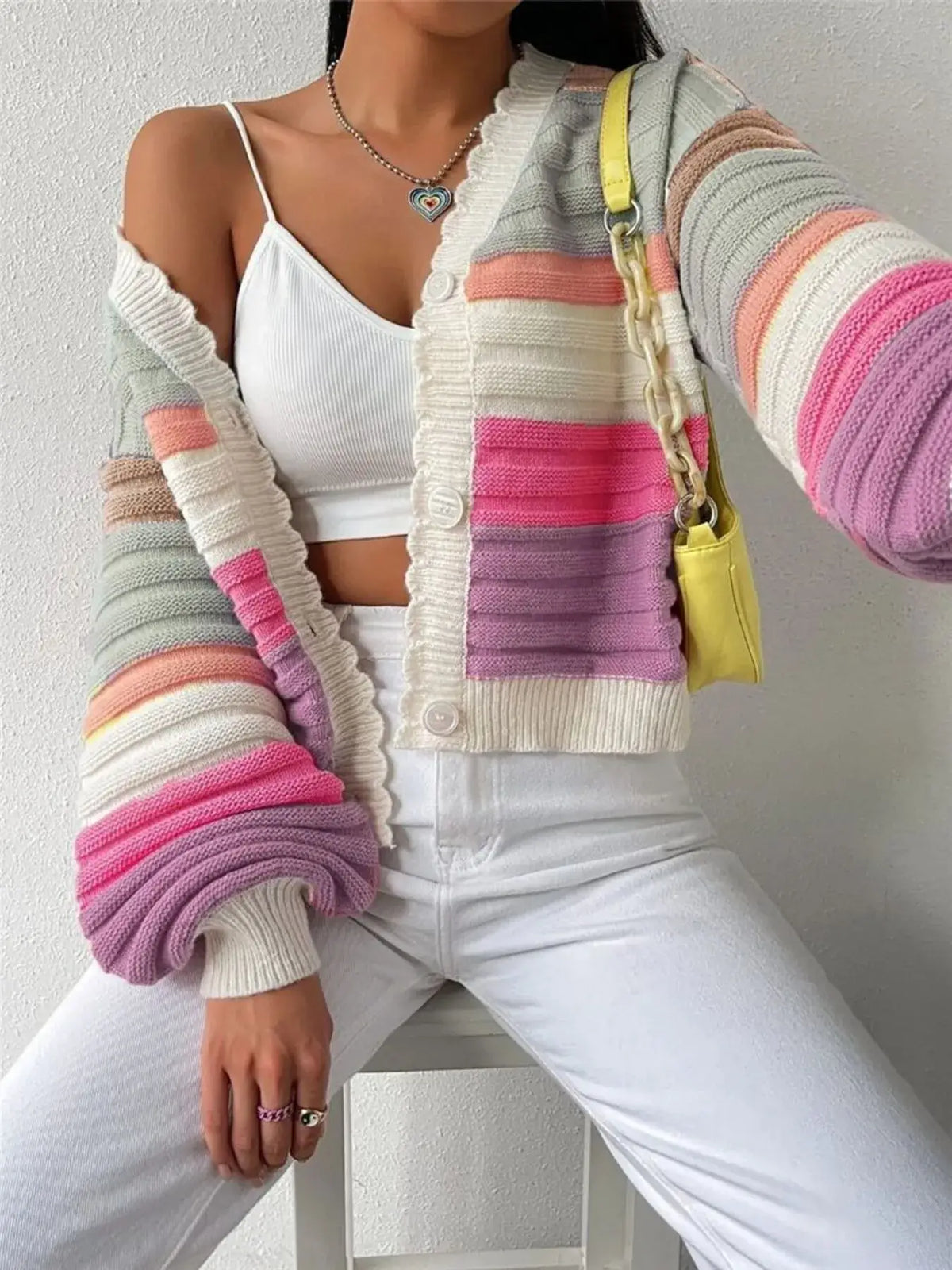 Women's Striped Cropped Cardigan with Balloon Sleeves