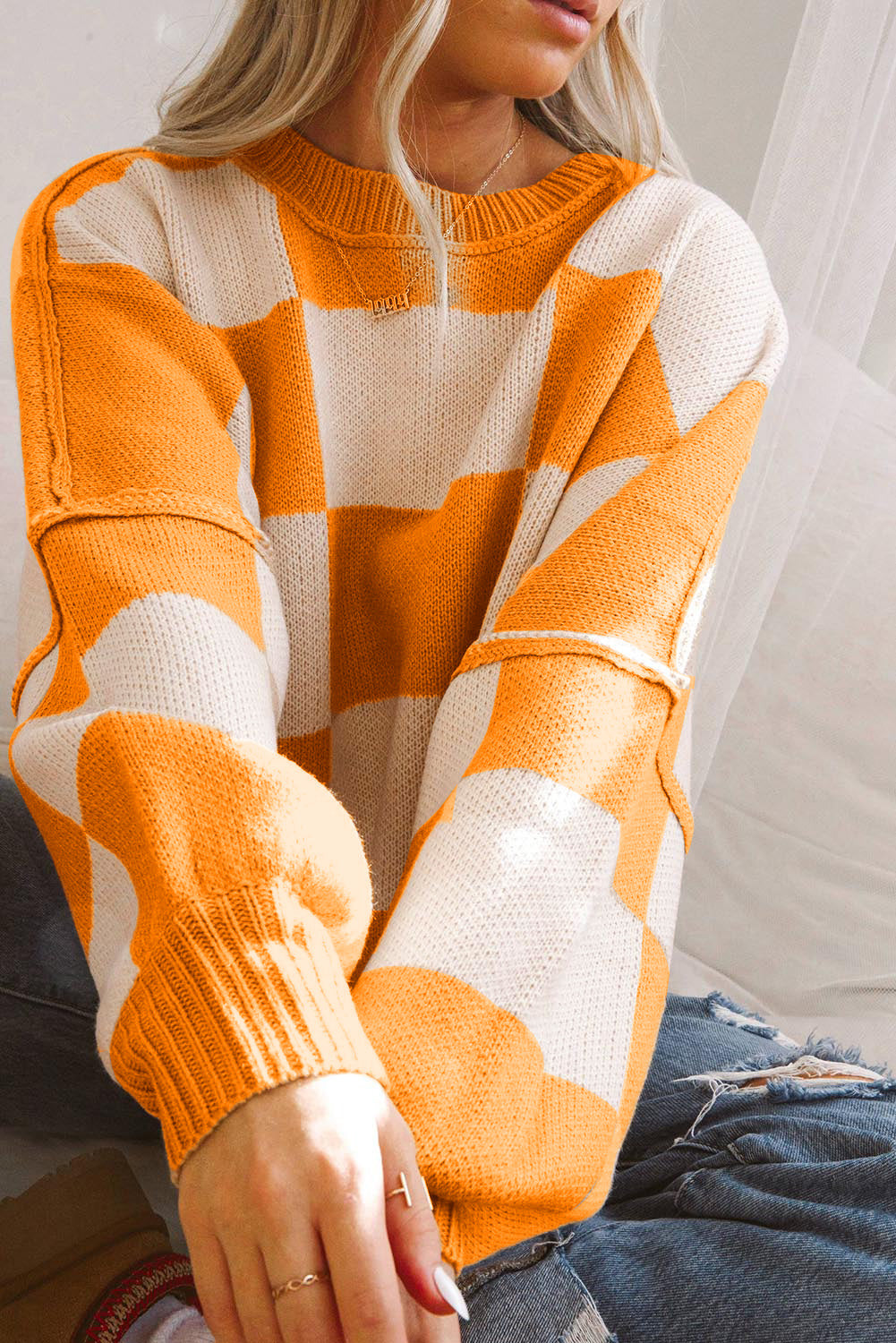 Checkered Bishop Sleeve Acrylic Knit Sweater
