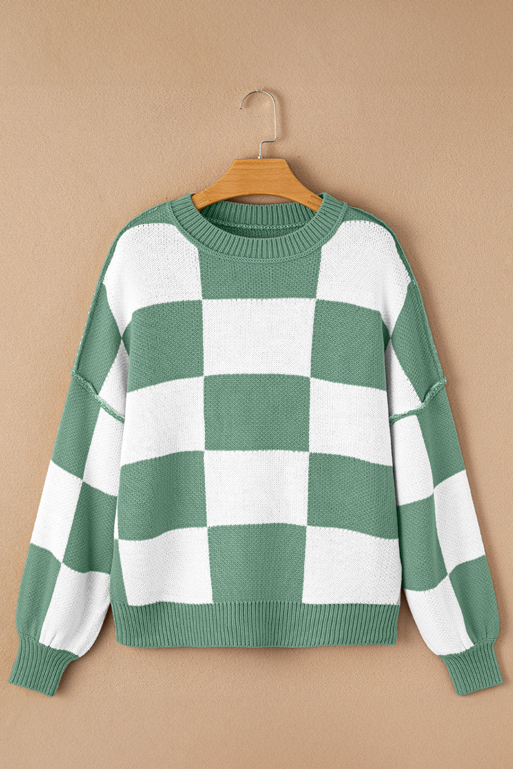 Checkered Bishop Sleeve Acrylic Knit Sweater