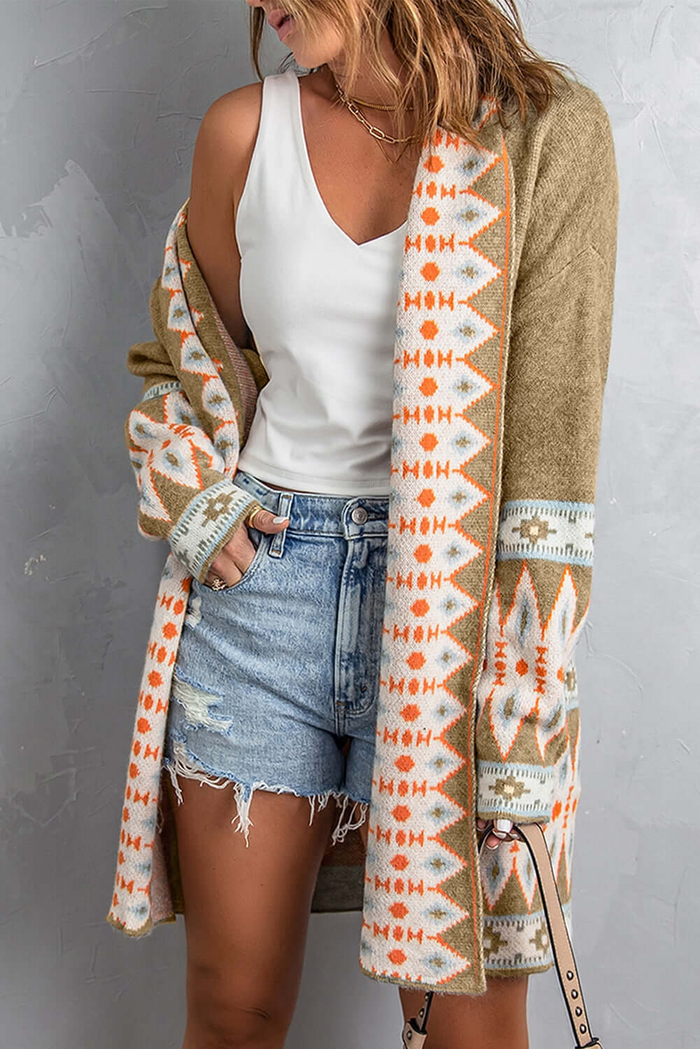 Patterned Charm: Long Sleeve Open Cardigan