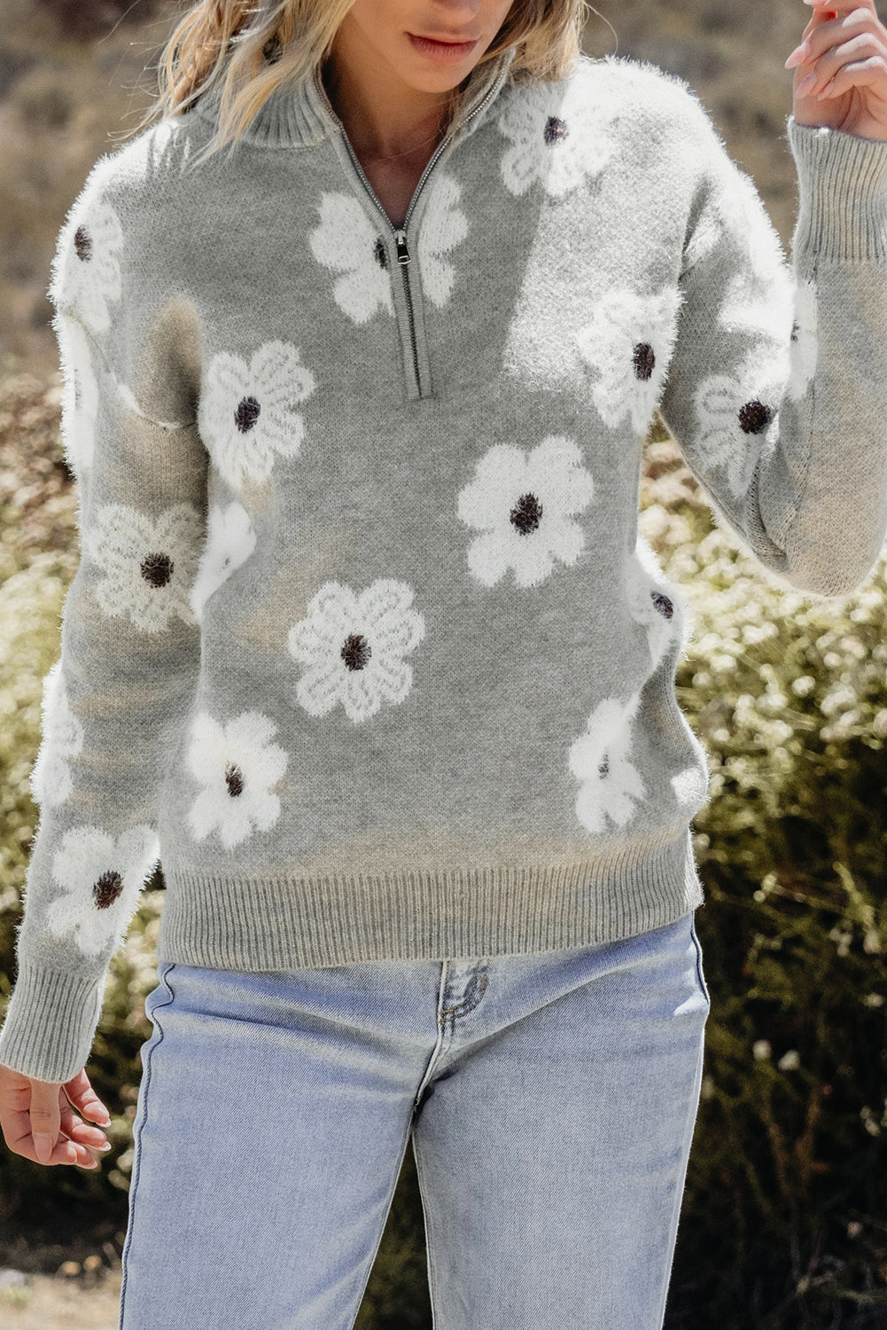 Bloom in Style: Floral Half-Zip Drop Shoulder Sweater