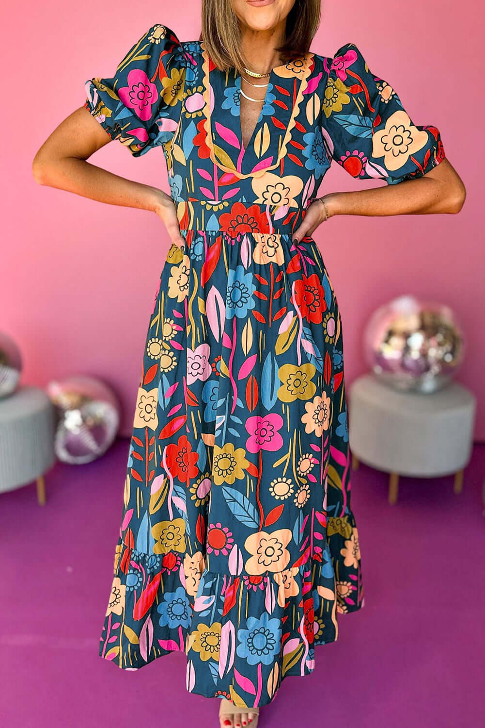 Blossom Beauty: Split V Neck Maxi Dress with Puff Sleeves