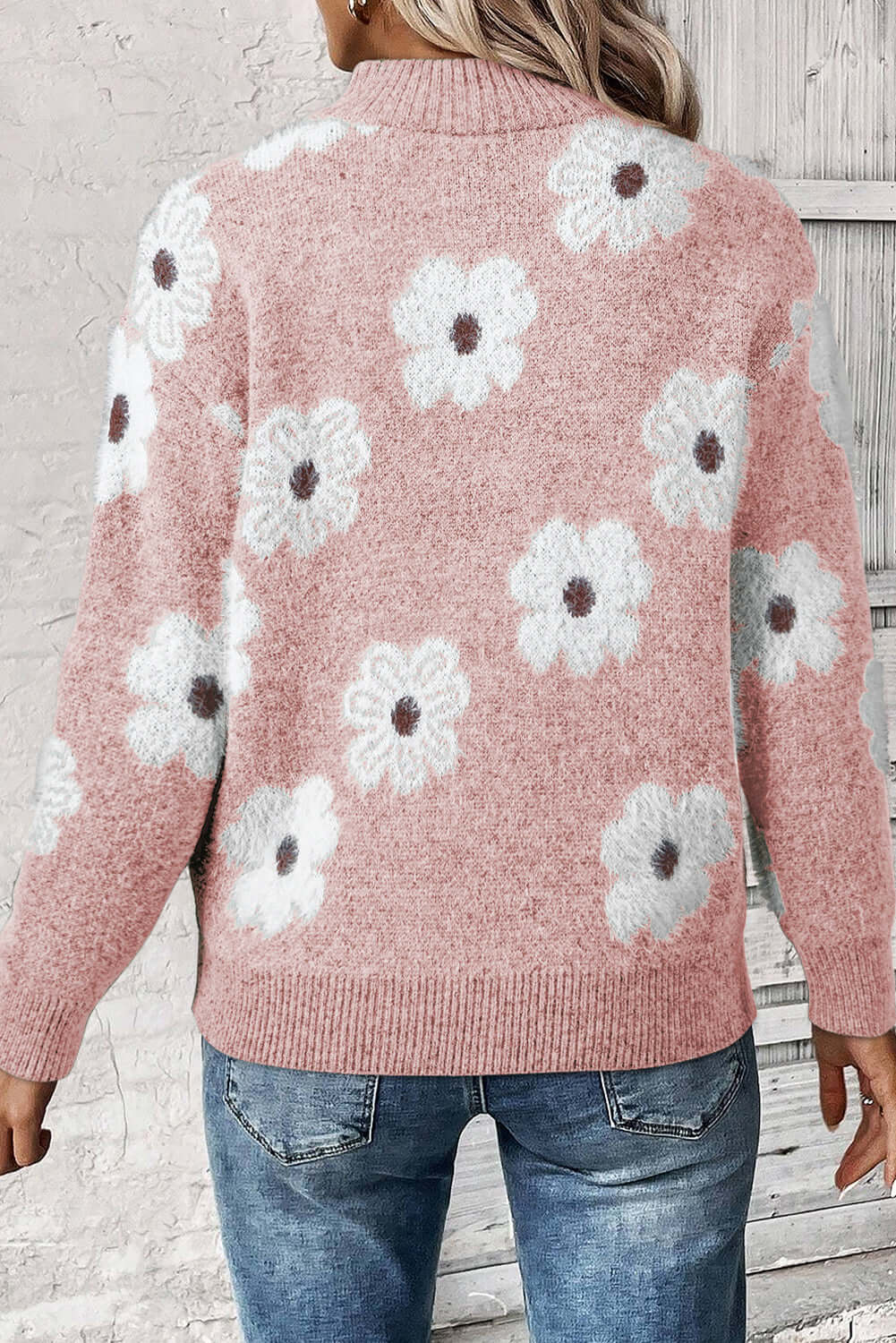 Bloom in Style: Floral Half-Zip Drop Shoulder Sweater