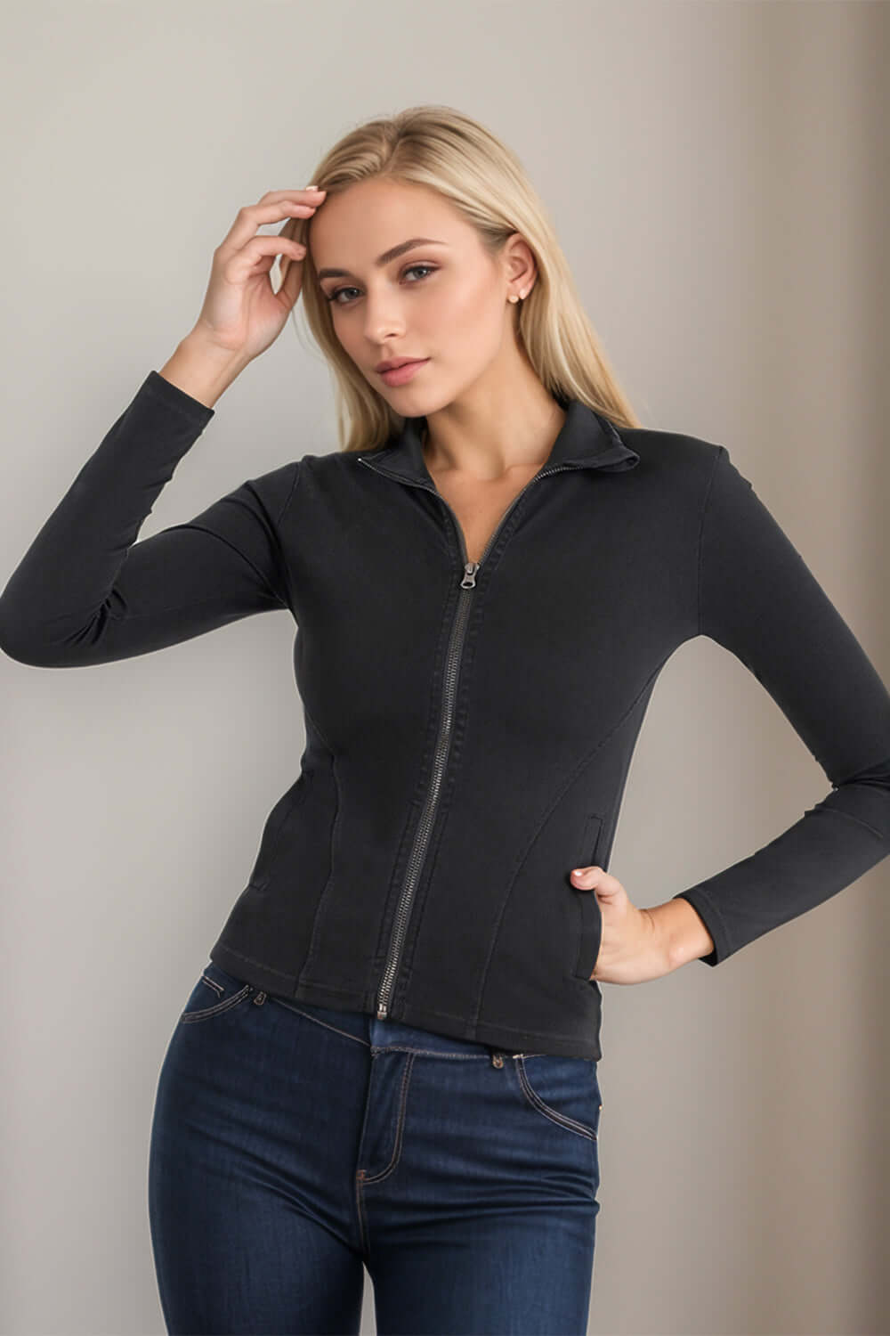 Urban Edge: Turtleneck Denim Zip-Up with Pockets