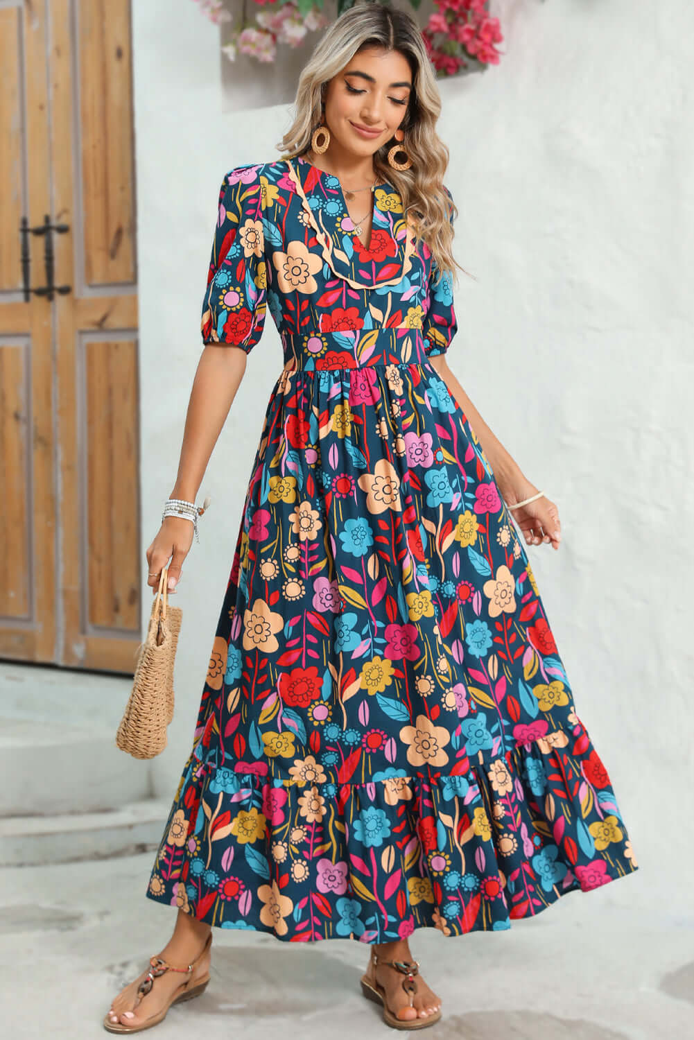Blossom Beauty: Split V Neck Maxi Dress with Puff Sleeves