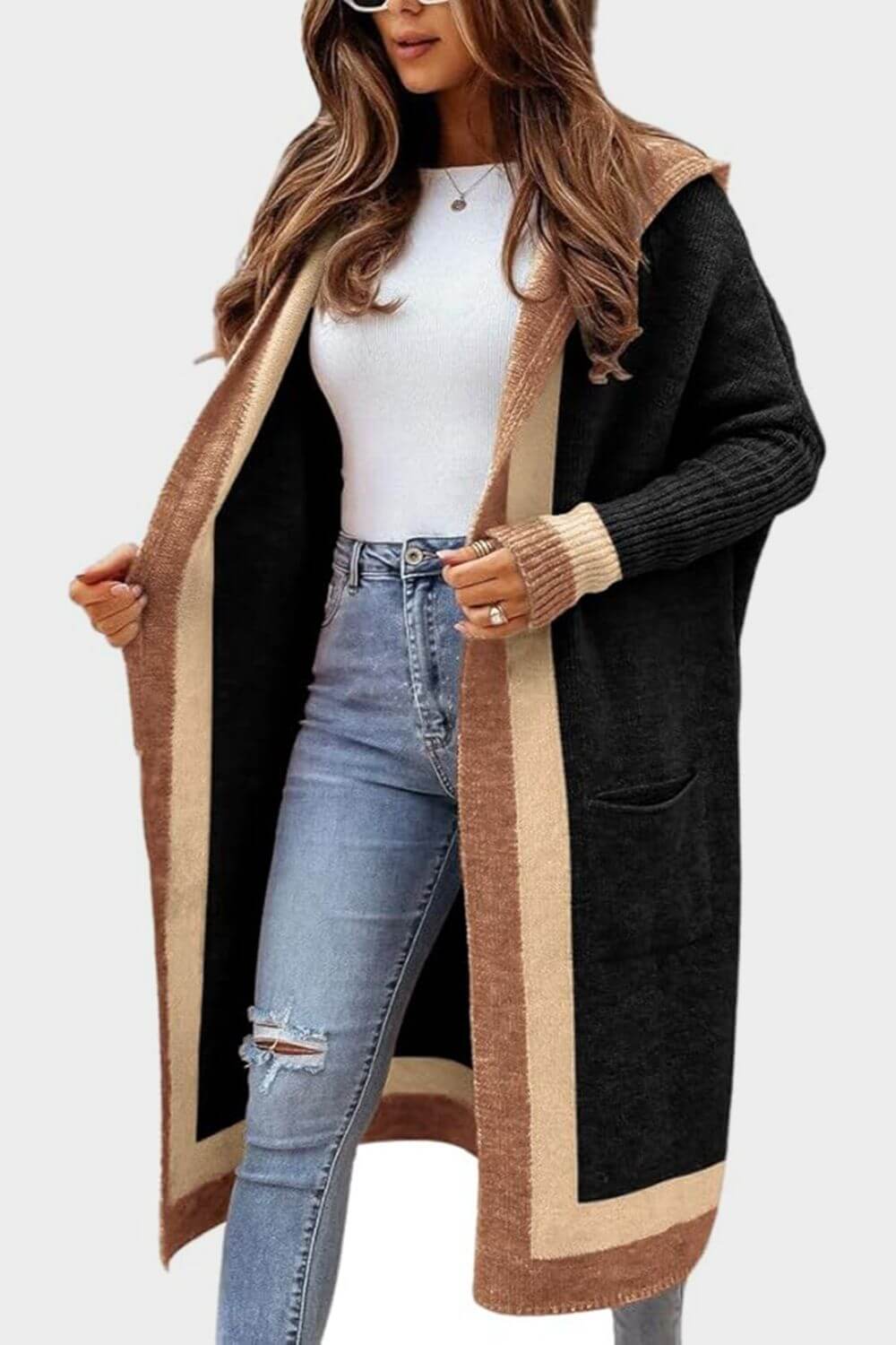 Cozy Contrast: Hooded Long Sleeve Cardigan with Pockets