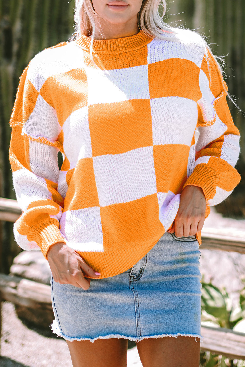 Checkered Bishop Sleeve Acrylic Knit Sweater
