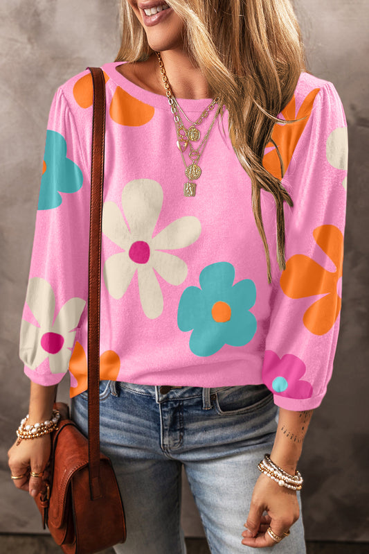 Blossom Beauty: Adorable Flower Print Ruched Bracelet Sleeve Top