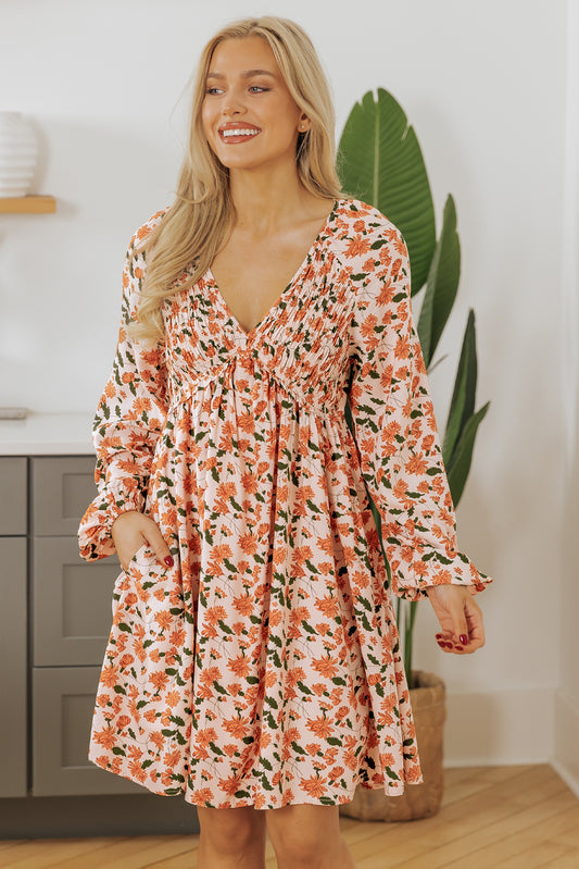 Floral Elegance: Floral Beige Babydoll Dress 100% Viscose