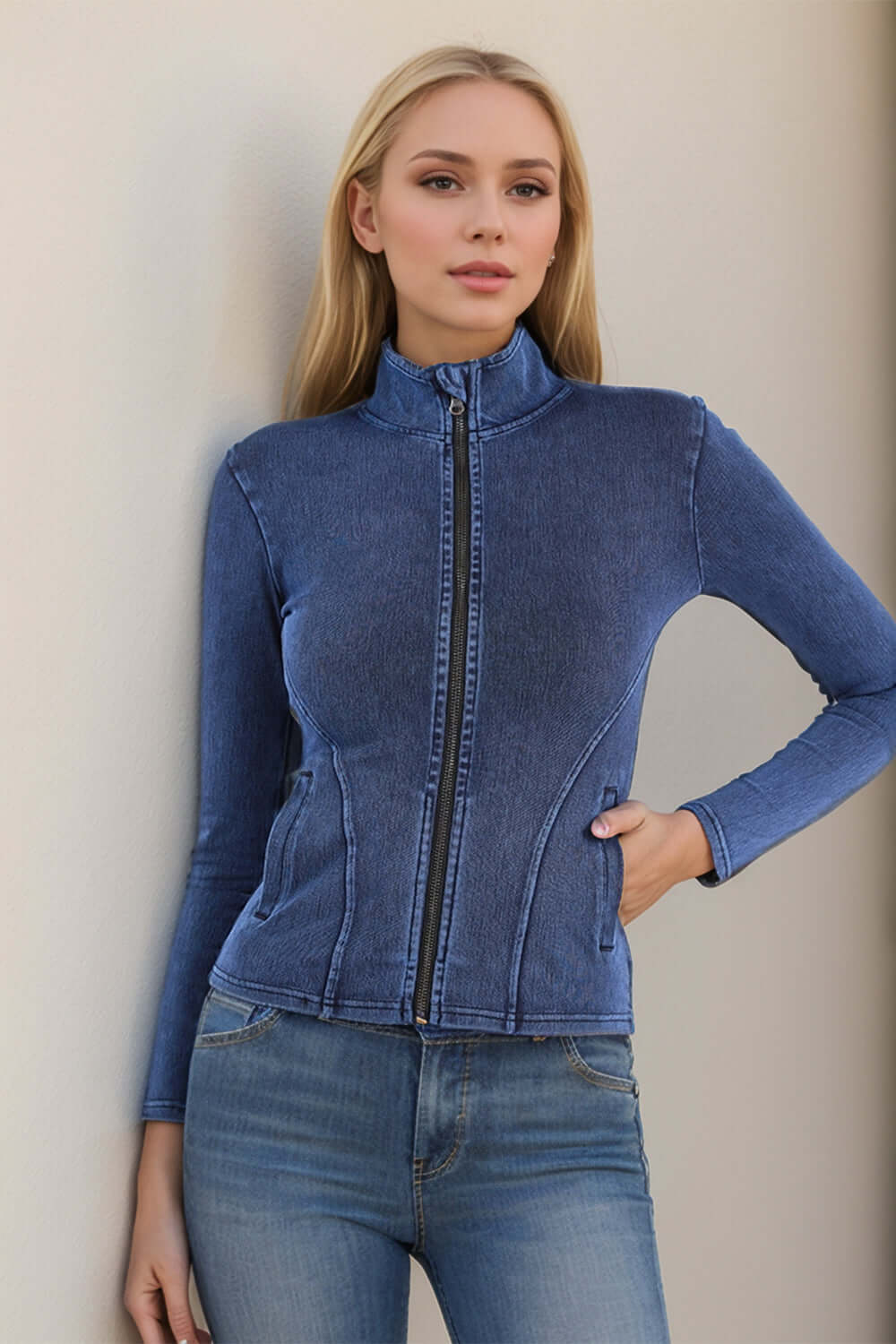 Urban Edge: Turtleneck Denim Zip-Up with Pockets